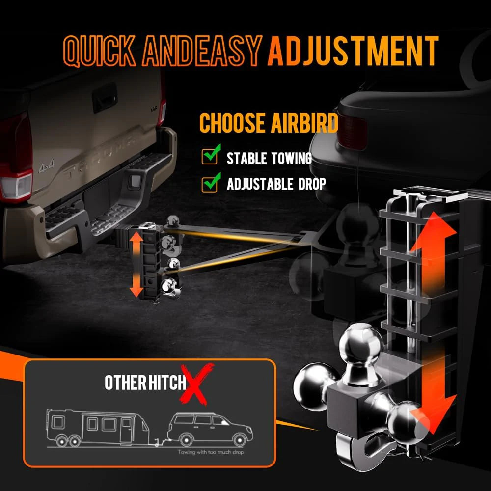 Adjustable Trailer Hitch Fits 2-Inch Receiver, Heavy Duty Tow Hitches (17000 LBS GTW) 6 Inch Drop Truck Hitch Tri-Ball Mount with Hook (1-7/8 x 2 x 2-5/16)