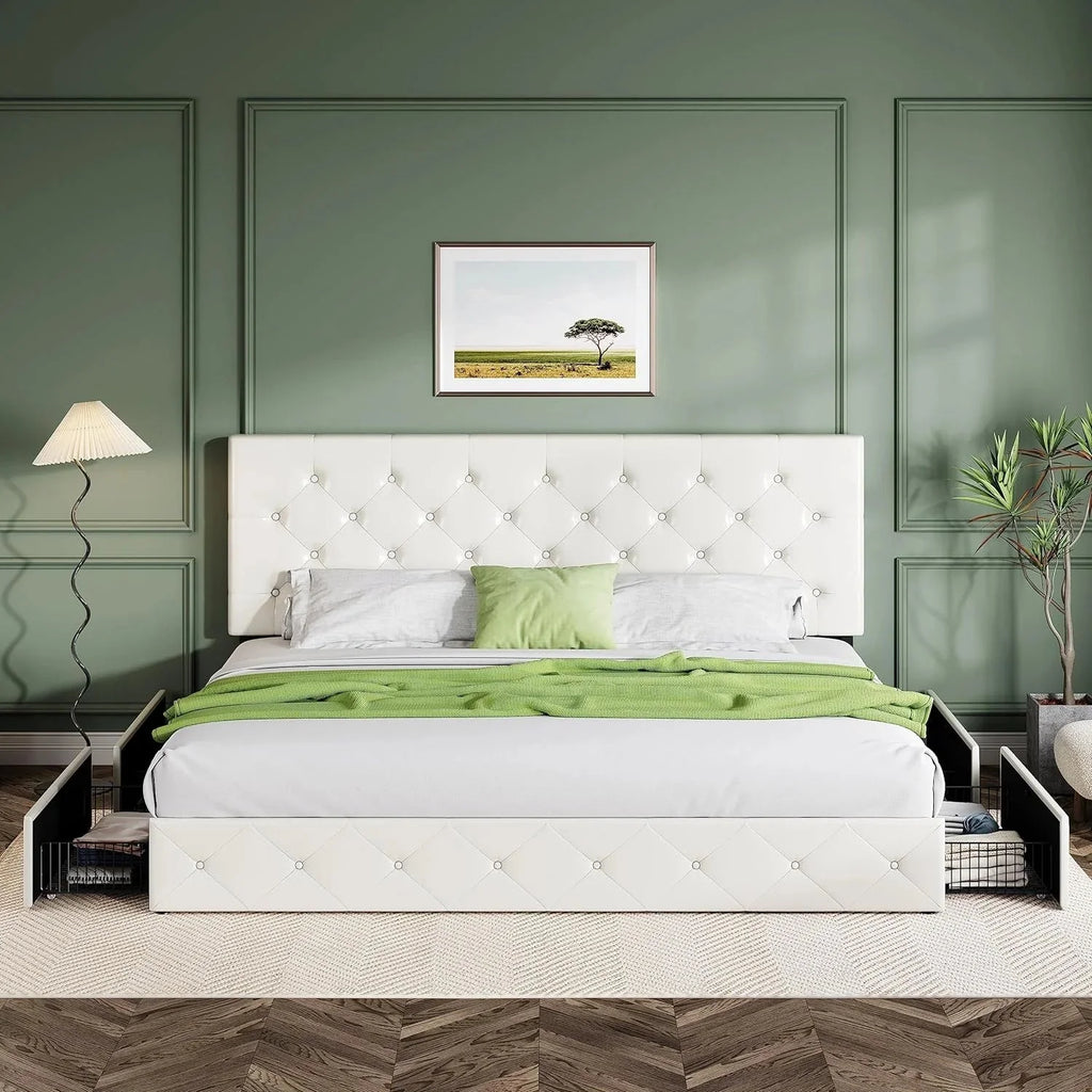 Allewie Upholstered Queen Size Platform Bed Frame with 4 Storage Drawers and Headboard, Square Stitched Button Tufted, Mattress Foundation with Wooden Slats Support, No Box Spring Needed, Light Grey