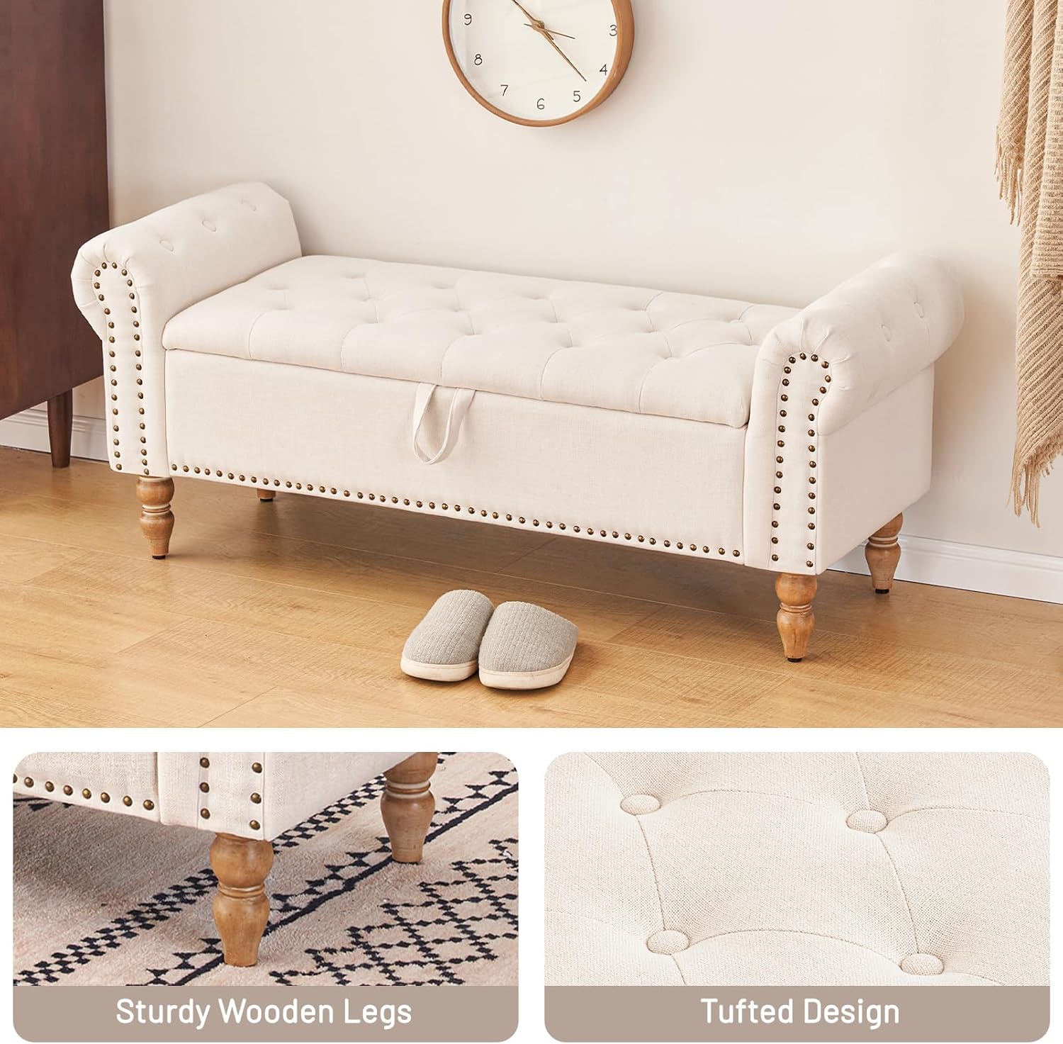 Furniliving Modern Storage Ottoman Bench, Sherpa Ottoman End of Bed Bench with Solid Wood Legs Upholstered Ottoman Benches with Storage Indoor Bench for Living Room with Rolled Arm, Entryway, White