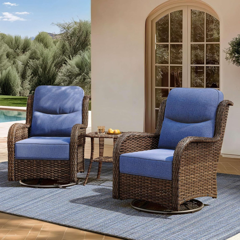 Outdoor Swivel Rocker Patio Chairs with 6-Inch Thick Cushions and Side Table, 3PCS High Back Wicker Patio Furniture Set for Porch, Balcony, Deck and Yard in Blue