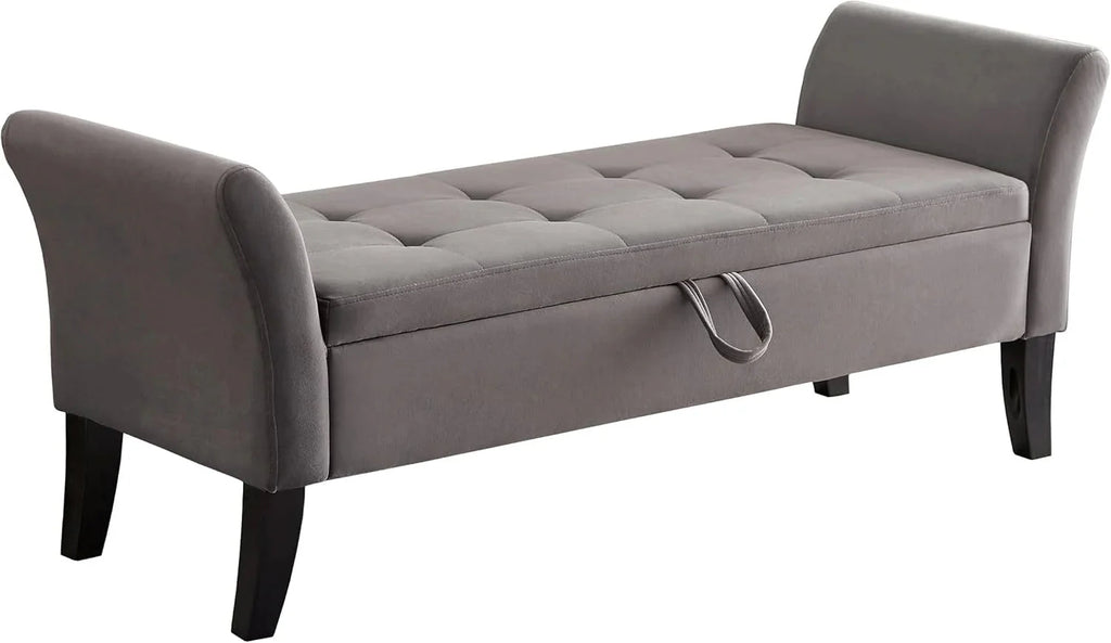 Furniliving Modern Storage Ottoman Bench, Sherpa Ottoman End of Bed Bench with Solid Wood Legs Upholstered Ottoman Benches with Storage Indoor Bench for Living Room with Rolled Arm, Entryway, White