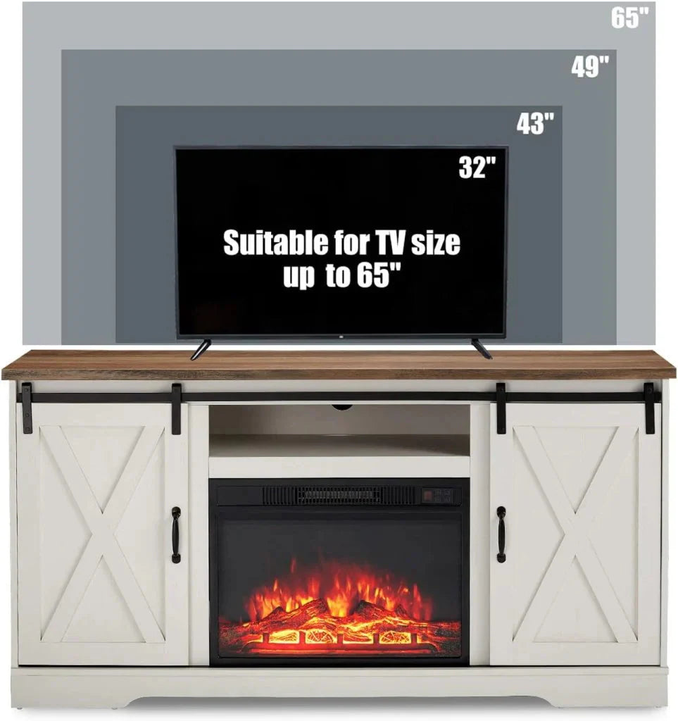 AMERLIFE Fireplace TV Stand with Sliding Barn Door for TVs up to 73, Farmhouse 63 Fireplace Entertainment Center with Storage Cabinets/Adjustable Shelves