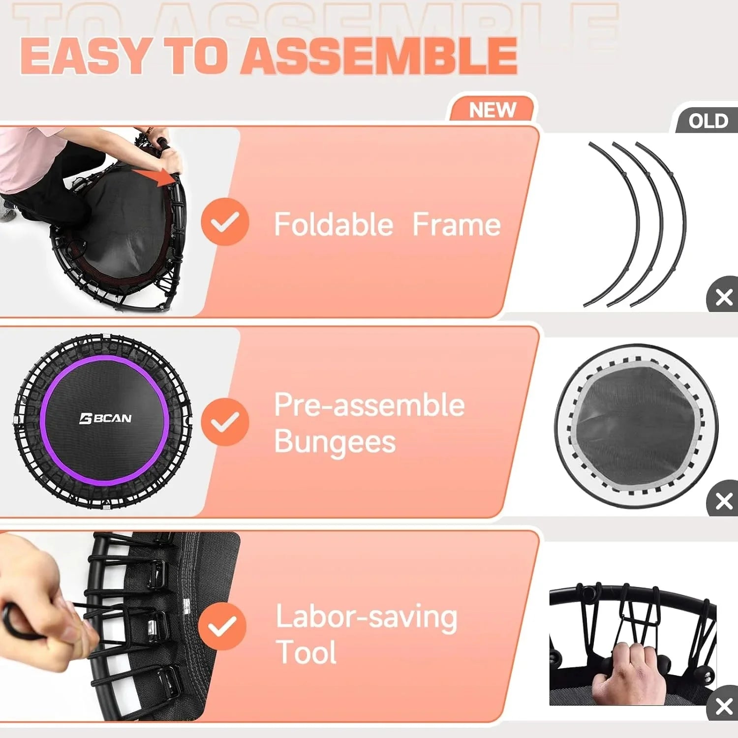 BCAN 450/550 LBS Foldable Mini Trampoline, 40/48 Fitness Trampoline with Bungees, U Shape Adjustable Foam Handle, Stable & Quiet Exercise Rebounder for Adults Indoor/Outdoor Workout