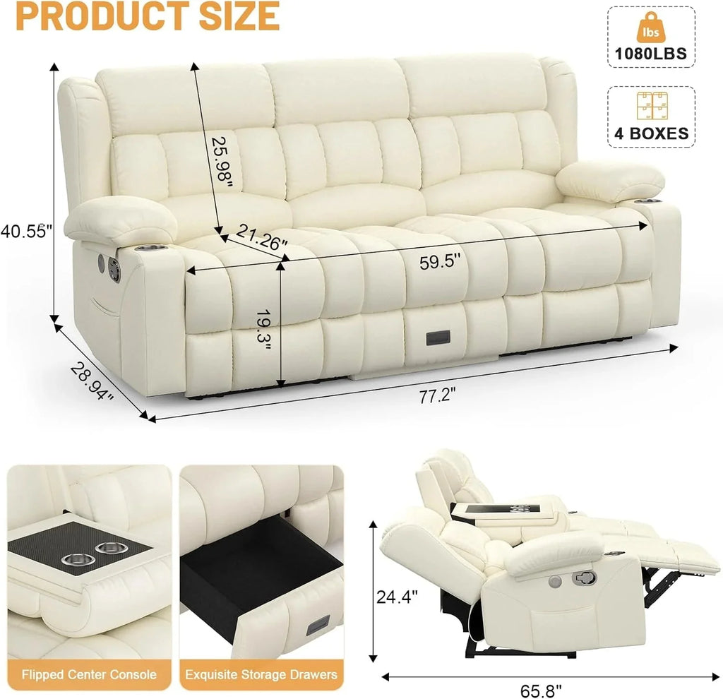 3 Seat Reclining Sofa with Storage Drawer USB Ports & Cup Holders Manual Couch