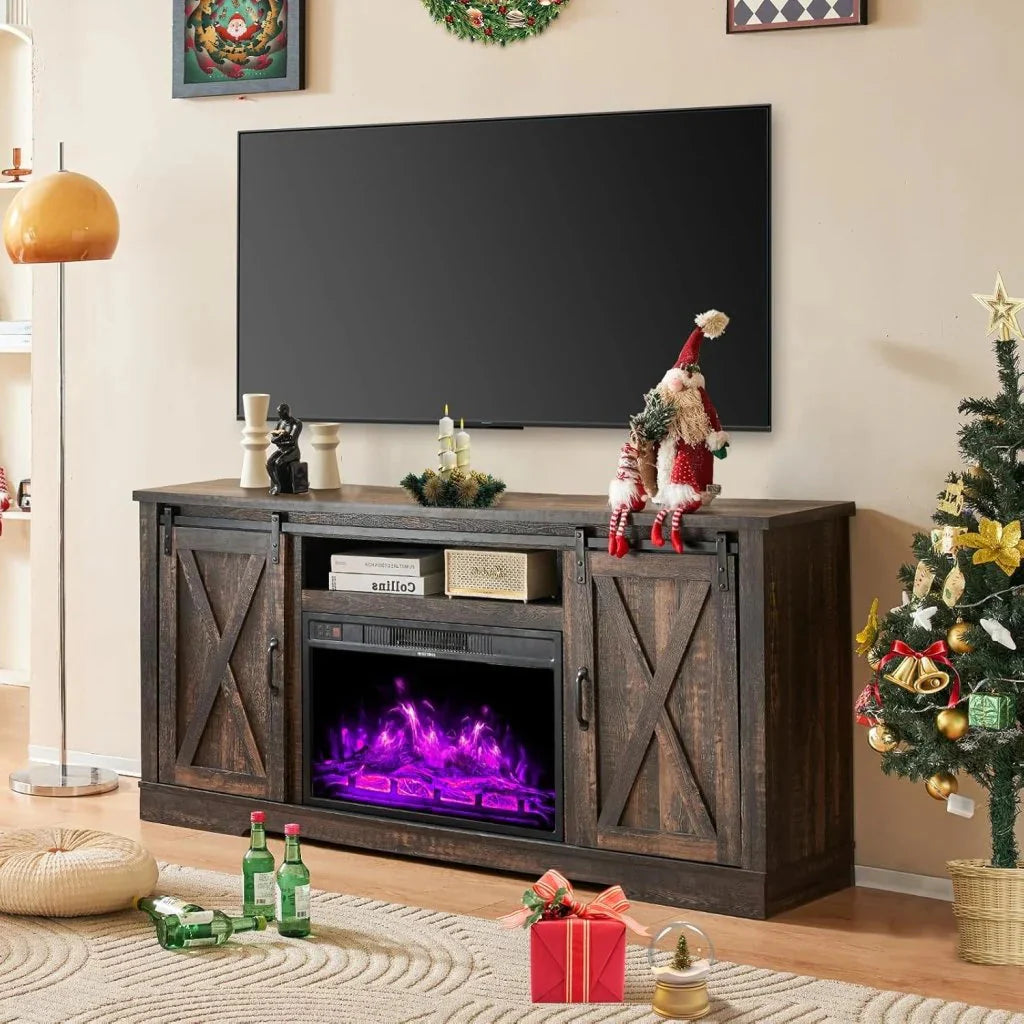AMERLIFE Fireplace TV Stand with Sliding Barn Door for TVs up to 73, Farmhouse 63 Fireplace Entertainment Center with Storage Cabinets/Adjustable Shelves