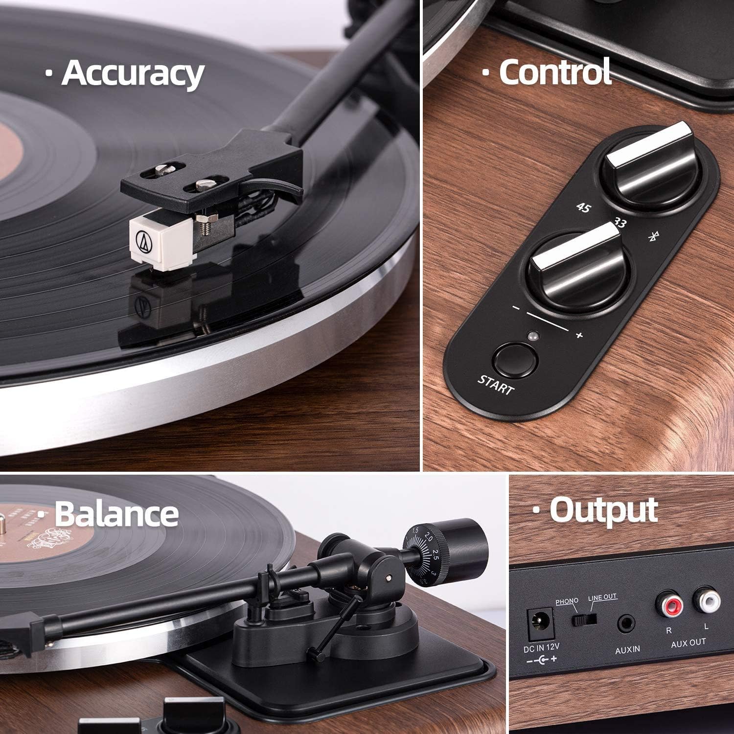 High Fidelity Belt Drive Turntable with Built-in Speakers, Vinyl Record Player with Magnetic Cartridge, Bluetooth Playback and Aux-in Functionality, Auto Off