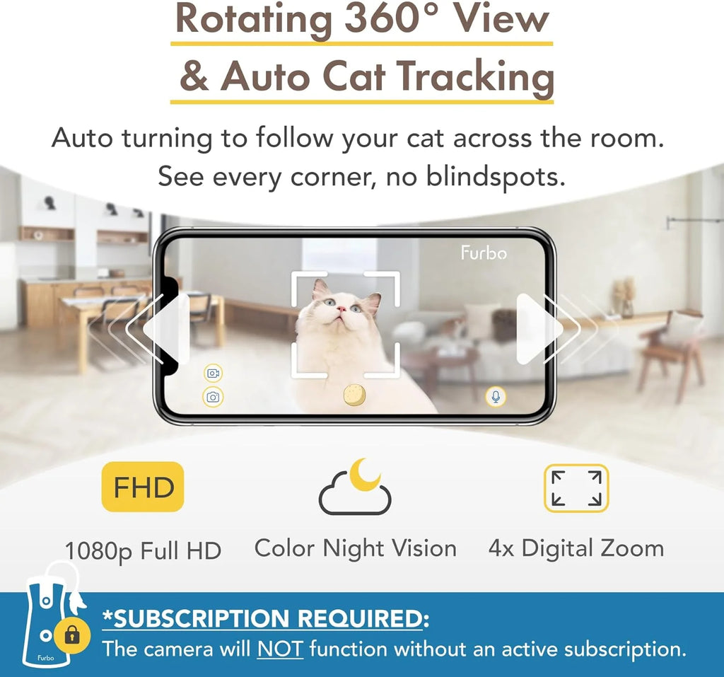 360° Cat Camera: See Your Cat from Anywhere | Rotating 360° Cat Tracking, Treat Toss, Color HD Night Vision, 2-Way Audio, Real-Time Notifications, Designed for Cats | Pet Camera w/Phone App