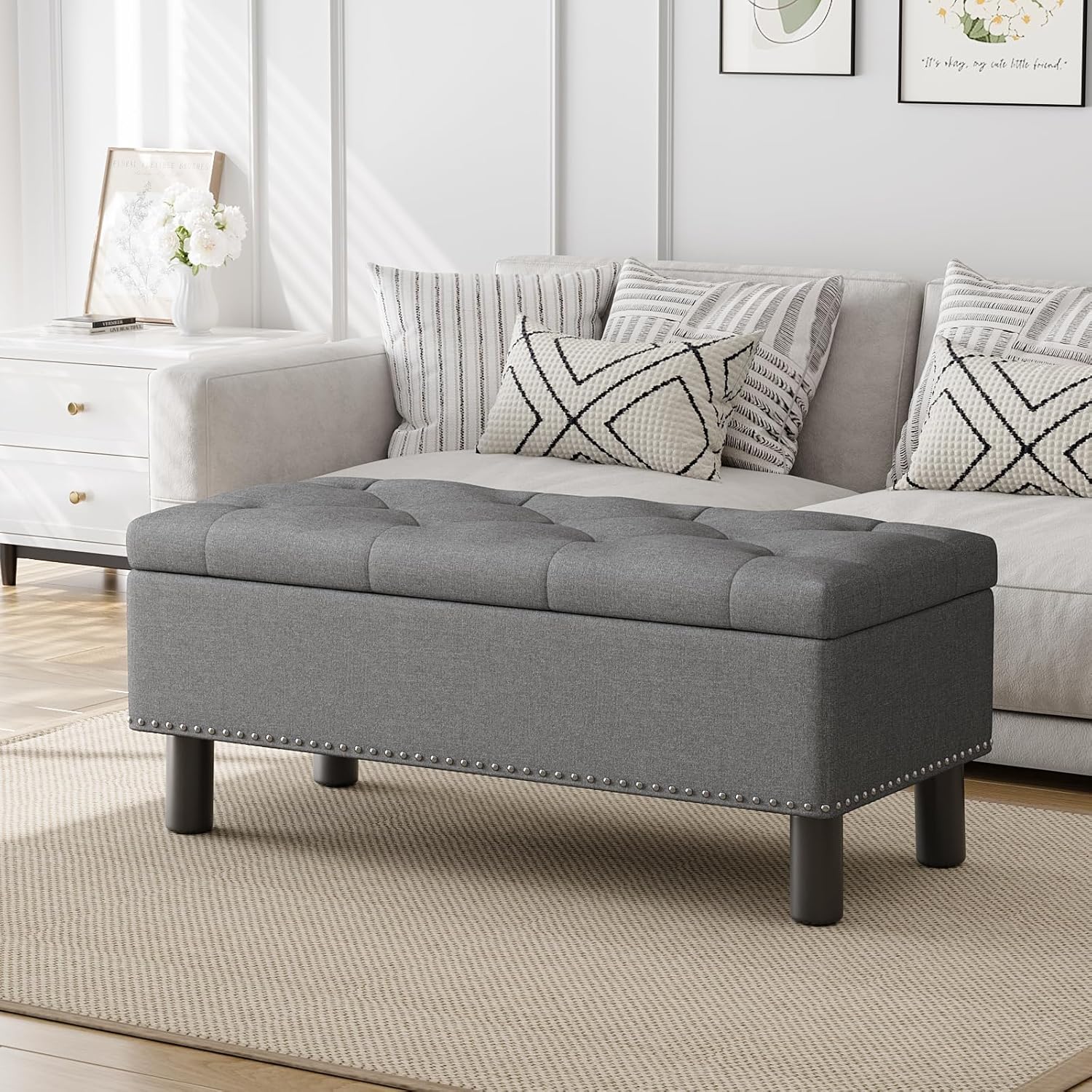 Furniliving Modern Storage Ottoman Bench, Sherpa Ottoman End of Bed Bench with Solid Wood Legs Upholstered Ottoman Benches with Storage Indoor Bench for Living Room with Rolled Arm, Entryway, White