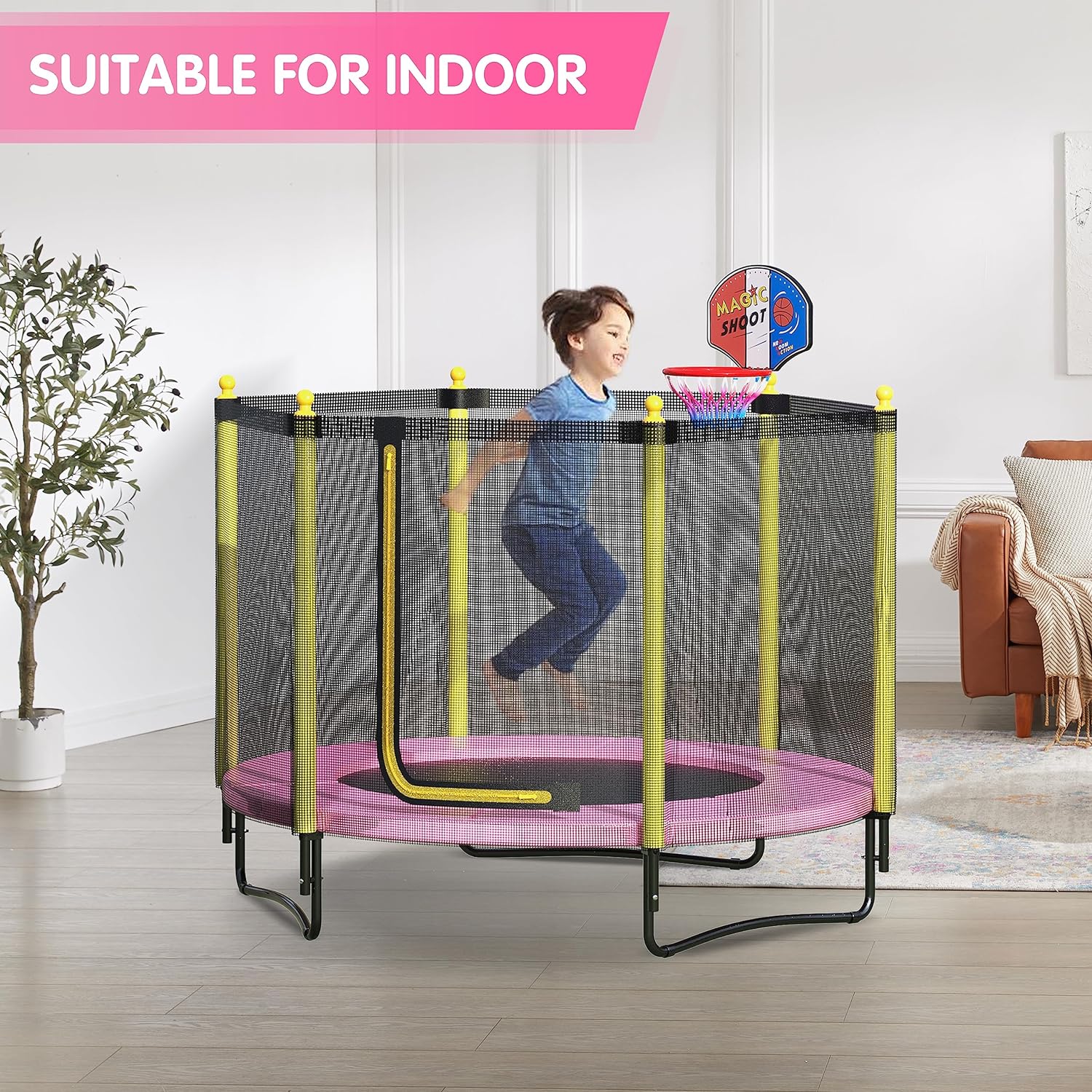 60 Kids Trampoline with Safety Enclosure Net, 5FT Toddler Indoor & Outdoor Trampoline/w Basketball Hoop - Parent-Child Interactive Game Fitness Trampoline Toy Gift for Boys and Girls Age 1-8