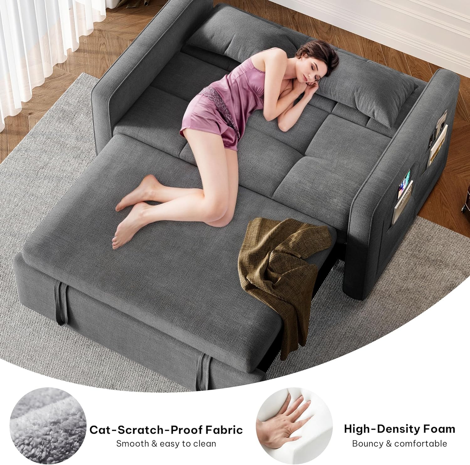 DWVO 3-in-1 Convertible Sofa Bed, 55 Sleeper Sofa with Pull-Out Bed, Cat-Scratch-Proof Fabric Futon Couch with Adjustable Backrest and Side Pocket, Loveseat for Living Room Apartment, Grey