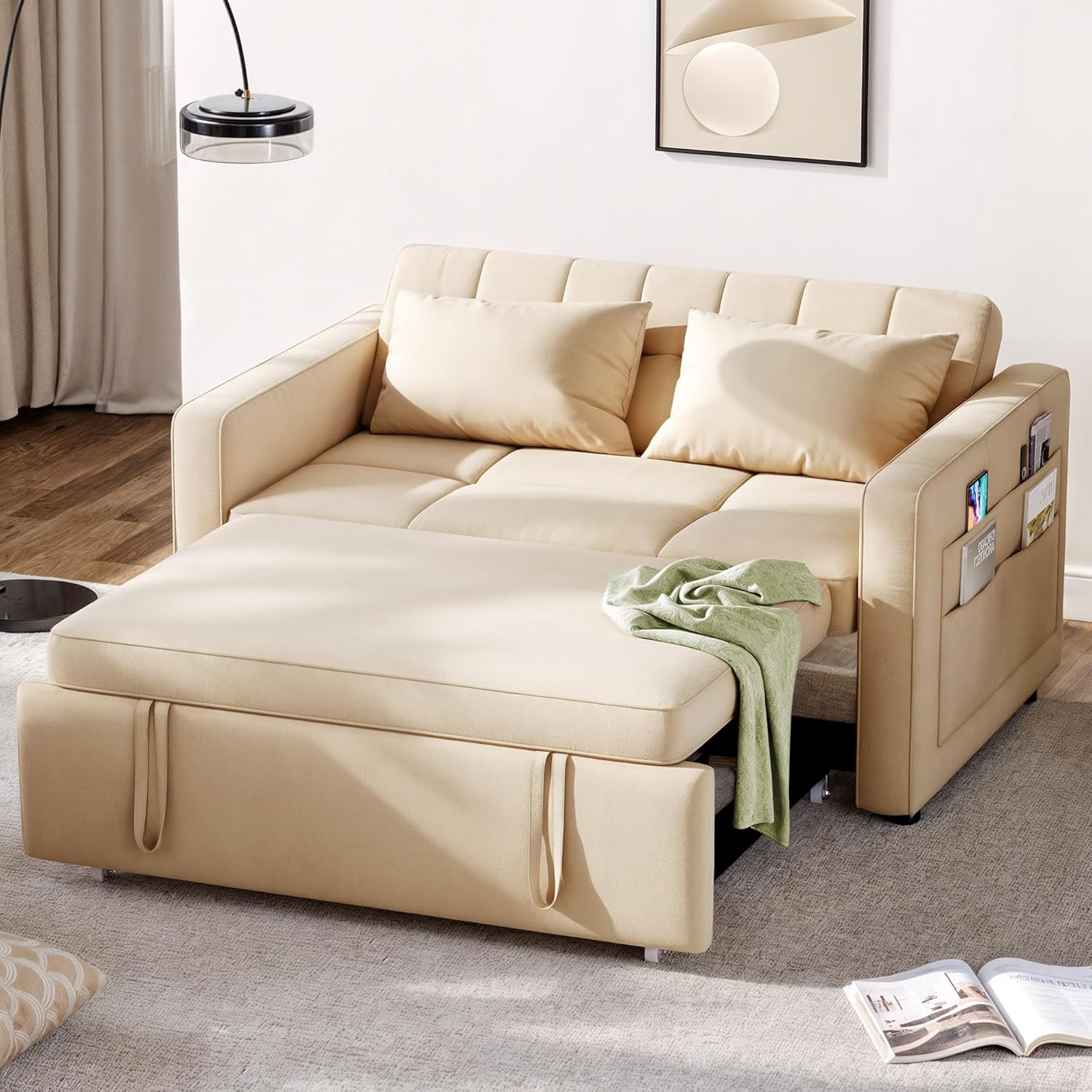 DWVO 3-in-1 Convertible Sofa Bed, 55 Sleeper Sofa with Pull-Out Bed, Cat-Scratch-Proof Fabric Futon Couch with Adjustable Backrest and Side Pocket, Loveseat for Living Room Apartment, Grey