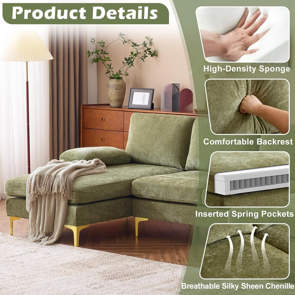 VINGLI 110 Sectional Couches for Living Room,U Shaped Couch with Double Chaise, 4-Seat Sofa Set with Chenille Fabric for Home Furniture,Beige